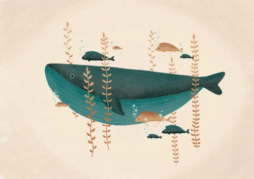 Plakat dziecięcy w stylu retro przedstawiający wieloryba i ryby wśród morskiej roślinności.