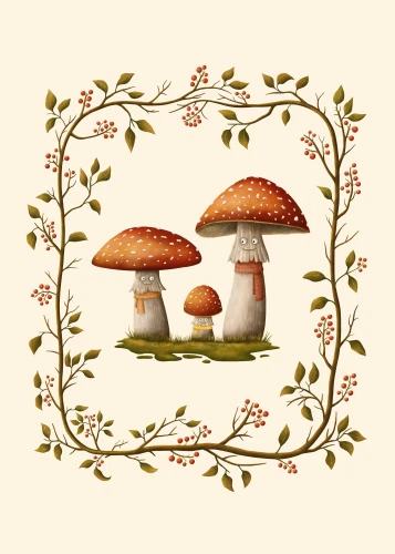 Plakat dla dzieci przedstawiający trzy uśmiechnięte muchomorki w szalikach, otoczone ramką z gałązek i czerwonych jagód. Ilustracja w jesiennym stylu, idealna do pokoju dziecka