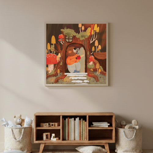 Plakat w kolorach ziemi do pokoju dziecka z bobrem w leśnym klimacie.