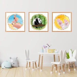 Zestaw 3 plakatów w stylu dżungla - panda flamingi papużki