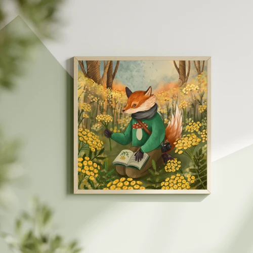 Plakat do pokoju dziecka - lisek z książką siedzący pośród żółtych kwiatów.