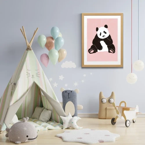 Minimalistyczny plakat z pandą na różowym tle