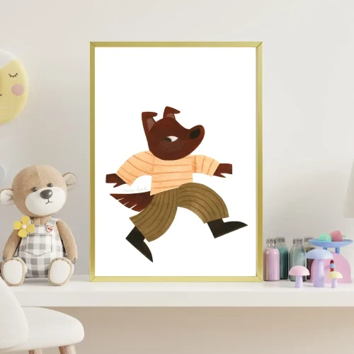 Plakat w stylu skandynawskim do pokoju dziecka z brązowym psem w beżowo-zielonym ubraniu.