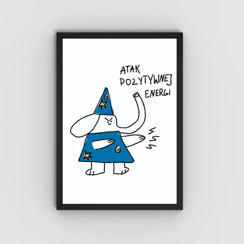 Plakat poprawiający humor z komiksowym czarodziejem słoniem.
