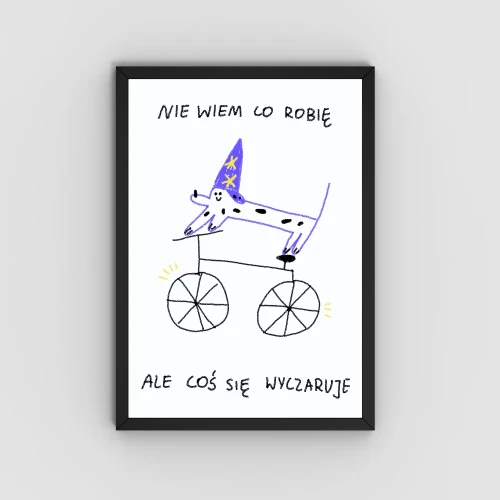 Zabawny plakat na prezent dla kolegi z psem czarodziejem na rowerze.