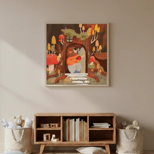 Plakat w kolorach ziemi do pokoju dziecka z bobrem w leśnym klimacie.