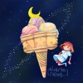 Azjatycki plakat dla nastolatki przedstawiający lody w wafelku udekorowane małym księżycem.
